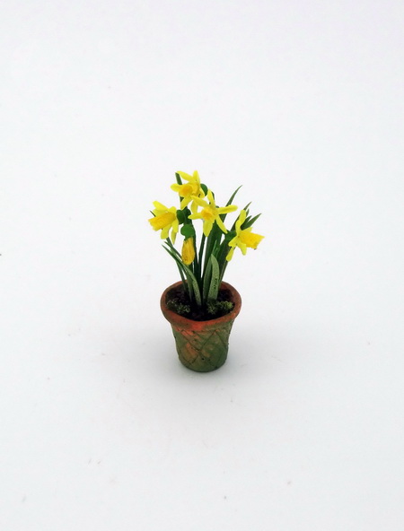 Handmade 12th scale Daffodils in mossy pot (image for) Handmade 12th scale Daffodils in mossy pot